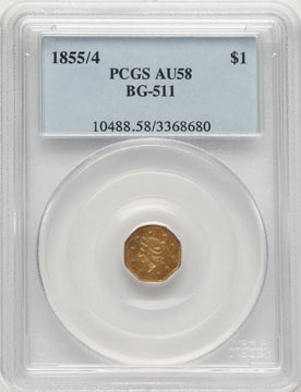 1855/4 Liberty Octagonal 1 Dollar BG-511 High R.4 California Fractional Gold PCGS AU58