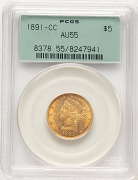 1891-CC $5 Liberty Half Eagle PCGS AU55