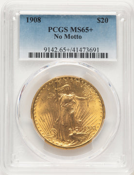 1908 $20 NO MOTTO Saint-Gaudens Double Eagle PCGS MS65+
