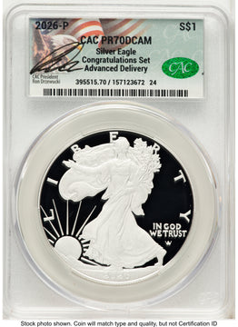 2026-P Proof Silver Eagle Congratulations Set 1 oz Advanced Delivery Ron Drzewucki CACG PR70 2026-P Proof Silver Eagle Congratulations Set 1 oz Advanced Delivery Ron Drzewucki CACG PR70