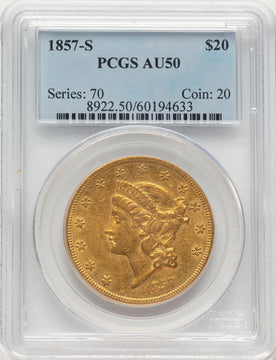 1857-S $20 Blue Gradient Liberty Double Eagle PCGS AU50
