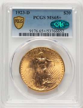 1923-D $20 CAC Saint-Gaudens Double Eagle PCGS MS65+