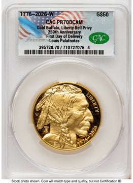 2026-W Proof Gold Buffalo 1 oz First Day of Delivery Louis Palafoutas CACG PR70 2026-W Proof Gold Buffalo 1 oz First Day of Delivery Louis Palafoutas CACG PR70