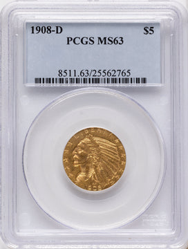 1908-D $5 Indian Half Eagle PCGS MS63 1908-D $5 Indian Half Eagle PCGS MS63