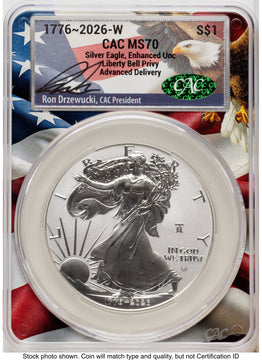 2026-W Enhanced Silver Eagle 1 oz Advanced Delivery Ron Drzewucki Flag Core CACG MS70 2026-W Enhanced Silver Eagle 1 oz Advanced Delivery Ron Drzewucki Flag Core CACG MS70