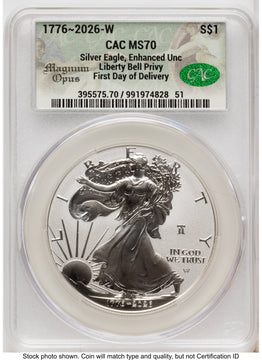 2026-W Enhanced Silver Eagle 1 oz First Day of Delivery Magnum Opus CACG MS70 2026-W Enhanced Silver Eagle 1 oz First Day of Delivery Magnum Opus CACG MS70