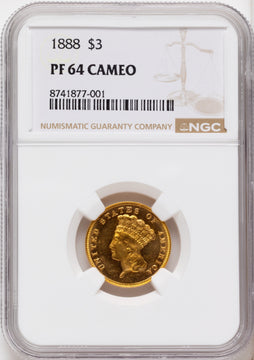 1888 $3 CA Proof Three Dollar Gold Pieces NGC PR64 1888 $3 CA Proof Three Dollar Gold Pieces NGC PR64