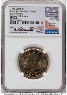 2026 Semiquincentennial President Donald J. Trump $1 (Privy Mark) AR Kenneth Bressett America 250 NGC MS66 2026 Semiquincentennial President Donald J. Trump $1 (Privy Mark) AR Kenneth Bressett America 250 NGC MS66