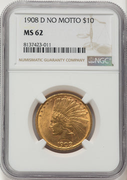 1908-D $10 NO MOTTO Indian Eagle NGC MS62