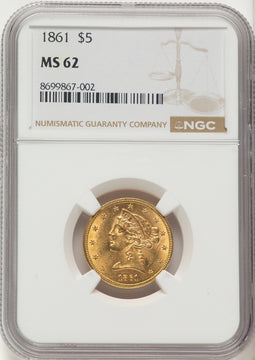 1861 $5 Liberty Half Eagle NGC MS62