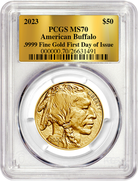 2023 $50 One Ounce Gold Buffalo First Day of Issue Gold Label PCGS MS70
