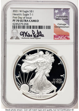 2021-W TY1 Proof Silver Eagle 1 oz FDI Mike Castle NGC PF70