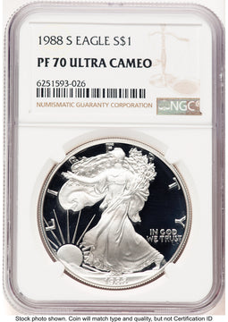 1988-S Proof Silver Eagle 1 oz Brown Label NGC PF70 (752100144)