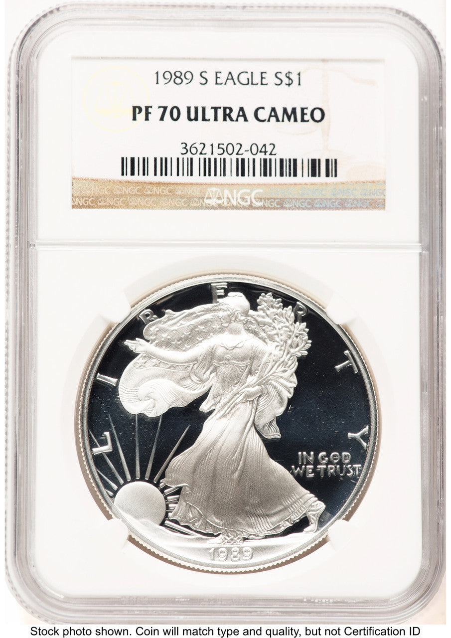 1989-S Proof Silver Eagle 1 oz Brown Label NGC PF70 (752100156