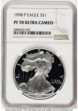 1998-P Proof Silver Eagle 1 oz Brown Label NGC PF70