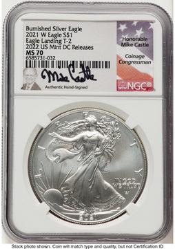 2021-W TY2 Burnished Silver Eagle 1 oz 2022 US Mint Releases Mike Castle NGC PF70 2021-W TY2 Burnished Silver Eagle 1 oz 2022 US Mint Releases Mike Castle NGC PF70