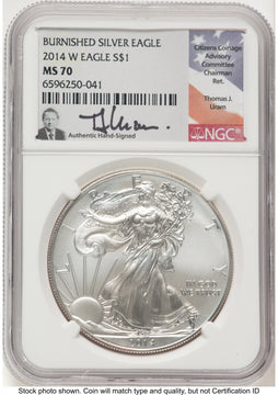 2014-W Burnished Silver Eagle 1 oz Thomas Uram NGC MS70 2014-W Burnished Silver Eagle 1 oz Thomas Uram NGC MS70