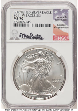 2011-W Burnished Silver Eagle 1 oz Mike Castle NGC MS70 2011-W Burnished Silver Eagle 1 oz Mike Castle NGC MS70