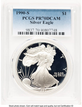1990-S Proof Silver Eagle 1 oz Blue Gradient PCGS PR70 (763966022)