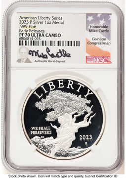 2023-P Silver American Liberty High Relief Medal ER Mike Castle Medals and Tokens NGC MS70