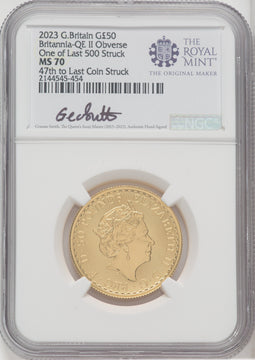 2023 G.Britain G£100 Britannia-QE Obverse 5-Coin Set One of Last 500 Struck NGC MS70