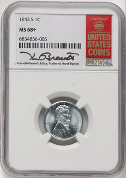 1943-S 1C Kenneth Bressett Red Book Lincoln Cent NGC MS68+