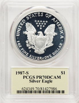 1987-S Proof Silver Eagle 1 oz Thomas Cleveland Art Deco PCGS PR70