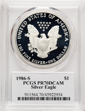 1986-S Proof Silver Eagle 1 oz TD Rogers PCGS PR70