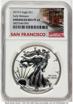 2019-S Enhanced Reverse Proof Silver Eagle 1 oz ER Trolley Label NGC PF69 2019-S Enhanced Reverse Proof Silver Eagle 1 oz ER Trolley Label NGC PF69