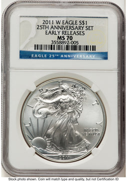 2011-W Burnished Silver Eagle 1 oz ER 25th Anniversary Label NGC MS70 2011-W Burnished Silver Eagle 1 oz ER 25th Anniversary Label NGC MS70