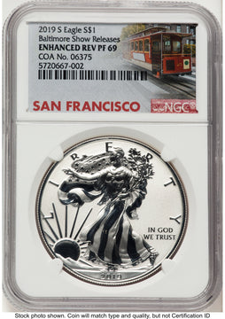 2019-S Enhanced Reverse Proof Silver Eagle 1 oz Baltimore Show Releases Trolley Label NGC PF69