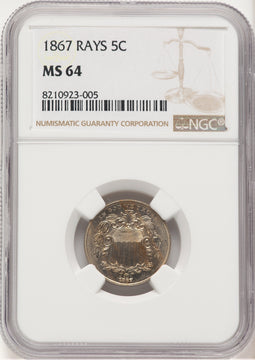 1867 5C RAYS Shield Nickel NGC MS64