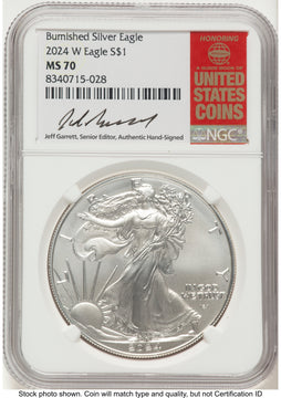 2024-W Burnished Silver Eagle 1 oz Jeff Garrett Red Book NGC MS70 2024-W Burnished Silver Eagle 1 oz Jeff Garrett Red Book NGC MS70