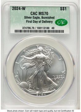 2024-W Burnished Silver Eagle 1 oz First Day Of Delivery CACG MS70 2024-W Burnished Silver Eagle 1 oz First Day Of Delivery CACG MS70