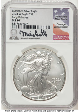 2024-W Burnished Silver Eagle 1 oz ER Mike Castle NGC MS70 2024-W Burnished Silver Eagle 1 oz ER Mike Castle NGC MS70