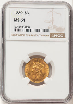 1889 $3 Three Dollar Gold Pieces NGC MS64