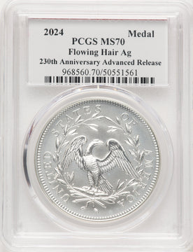 2024-(P) Silver 230th Anniv Flowing Hair Medal AR MS70 PCGS John Dannreuther