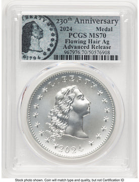 2024-(P) Silver 230th Anniversary Flowing Hair Medal AR Flowing Hair Label Modern Commemoratives PCGS MS70