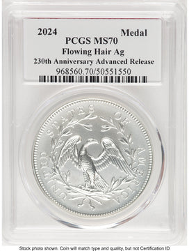 2024-(P) Silver 230th Anniversary Flowing Hair Medal AR John Dannreuther Modern Commemoratives PCGS MS70