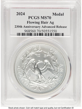 2024-(P) Silver 230th Anniversary Flowing Hair Medal AR John Dannreuther Modern Commemoratives PCGS MS70