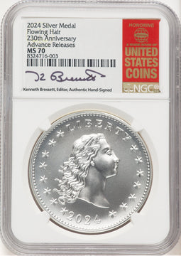 2024-(P) Silver 230th Anniv Flowing Hair Medal AR NGC MS70 Kenneth Bressett