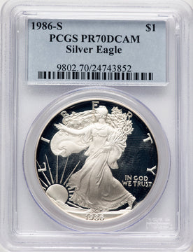 1986-S Proof Silver Eagle 1 oz Blue Label PCGS PR70