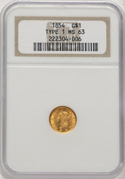 1854 G$1 T-1 Gold Dollar NGC MS63
