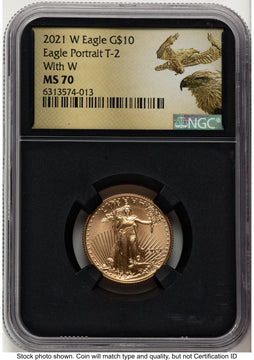 2021-W TY2 Gold Eagle 1/4 oz Unfinished Proof Dies Gold Flying Eagle NGC PF70
