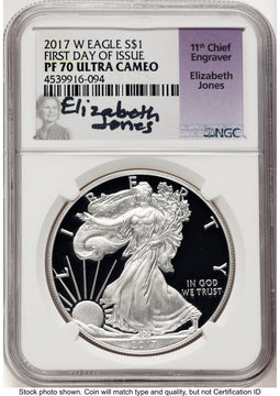 2017-W Proof Silver Eagle 1 oz FDI Elizabeth Jones NGC PF70