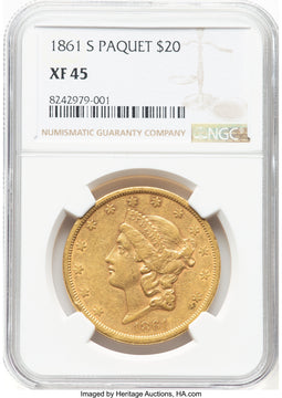 1861-S $20 PAQUET Liberty Double Eagle NGC XF45