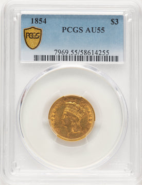 1854 $3 Three Dollar Gold Pieces PCGS AU55