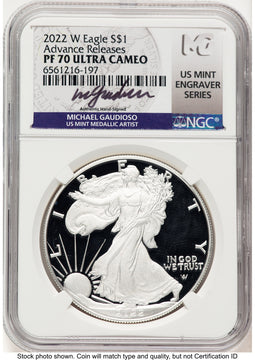 2022-W Proof Silver Eagle 1 oz AR Michael Gaudioso US Mint Engraver Series NGC PF70