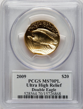 2009 G$20 Ultra High Relief PL Saint Gaudens Label PCGS MS70