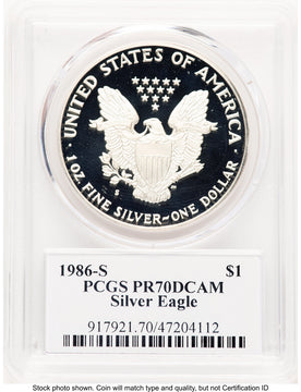 1986-S Proof Silver Eagle 1 oz David Hall PCGS PR70 (777573002)